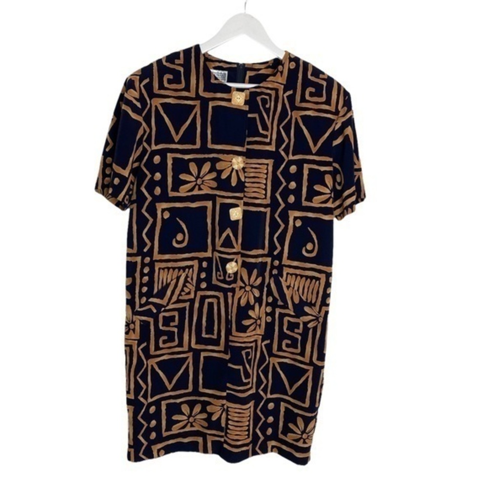 Vintage Jessica Howard Tribal Print Navy Blue Gold Dress Size 12